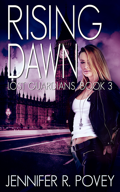 A book cover. The title is Rising Dawn, the subtitle is Lost Guardians, Book 3, the author is Jennifer R. Povey. It shows a young blonde woman standing in front of Big Ben.
