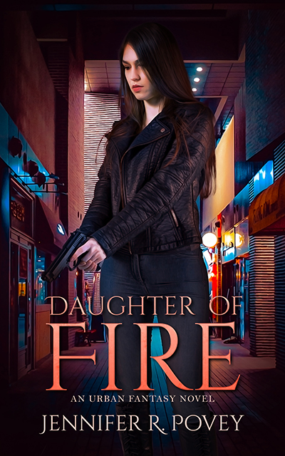 A book cover. It features a young woman with dark brown hair that is partially across her face. She is holding a pistol that is pointed towards the ground. Behind her there is a narrow street lined with store fronts.