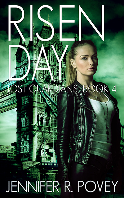 A book cover. The title is Risen Day, the subtitle is Lost Guardians, Book 4, and the author is Jennifer R. Povey. It shows a young blonde woman standing in front of Tower Bridge.