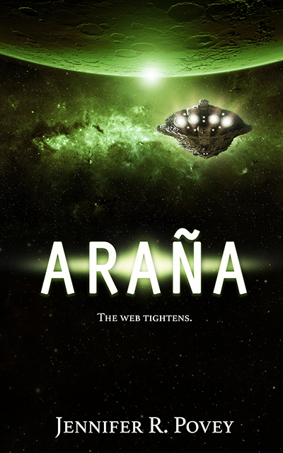 Book cover art. The title is "Araña", the tagline is "The Web Tightens" and the author is Jennifer R. Povey. The art shows a spaceship orbiting a planet.