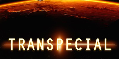 A book cover. The title is Transpecial, the tagline is Humanity Fired First, and the author is Jennifer R. Povey. It shows a spaceship orbiting a red planet.