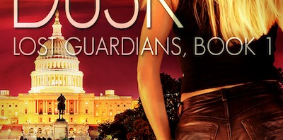 A book cover. The title is Falling Dusk, the tagline is Lost Guardians, Book 1 and the author is Jennifer R. Povey. It shows a blonde woman with her back to the camera, looking towards the U.S. Capitol.