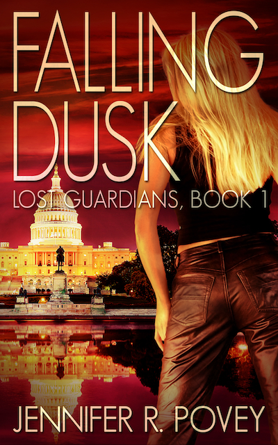 A book cover. The title is Falling Dusk, the tagline is Lost Guardians, Book 1 and the author is Jennifer R. Povey. It shows a blonde woman with her back to the camera, looking towards the U.S. Capitol.